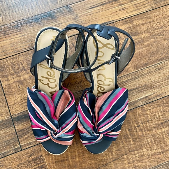 Sam Edelman Shoes Wedge Heels Aubrey Bow Stripe 6.5 Hot Pink Espadrille Peep Toe - Picture 3 of 6